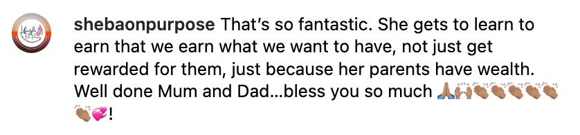 Comment praising parents for teaching their child the value of earning achievements, highlighting the importance of not relying on wealth