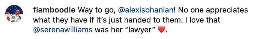 Comment praising Alexis Ohanian for earning his achievements with Serena Williams humorously referred to as his "lawyer."