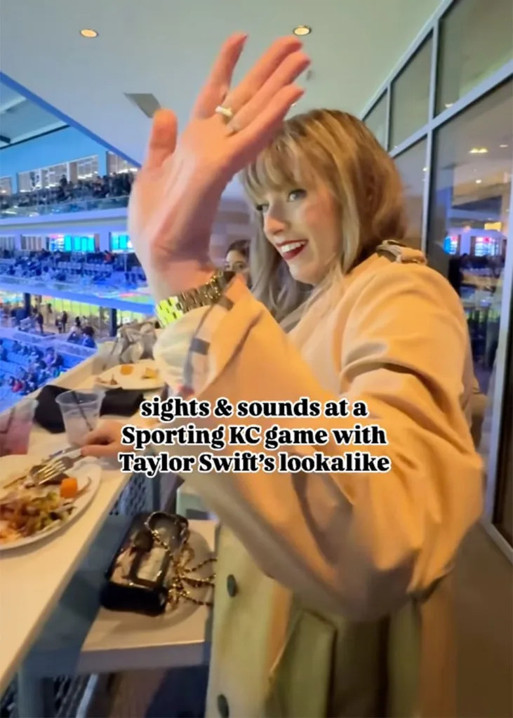 Fans mistook a Taylor Swift lookalike, Kelley Thrasher, for the singer at Sporting Kansas City’s 2-0 victory over St. Louis on Saturday, April 5, 2025. Instagram/excene.spencer