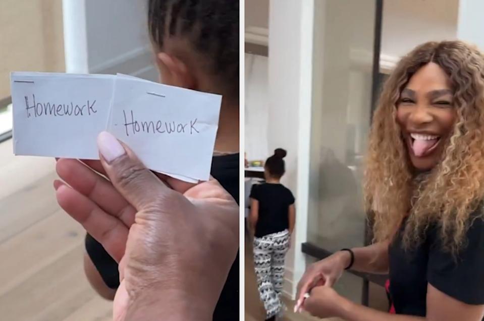Person holds "Homework" cards. Child walks away. Another person laughs, playfully sticking out tongue. Casual indoor setting