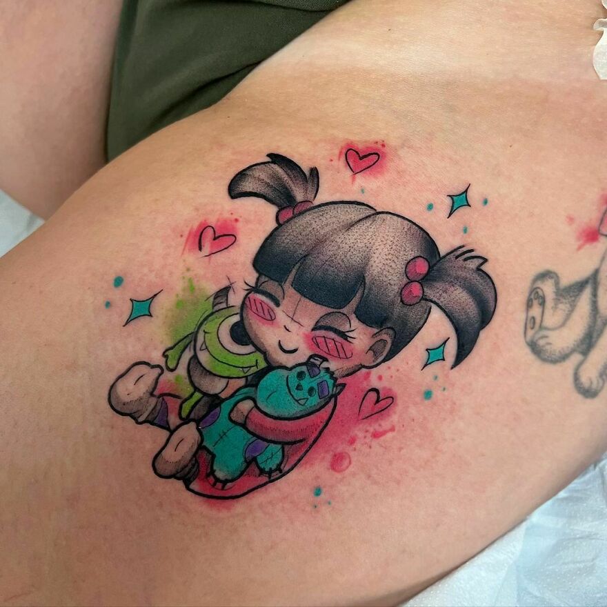 Cute watercolor tattoo of a girl hugging two monsters, surrounded by hearts and stars, showcasing vibrant and playful design. Cute watercolor tattoo of a girl hugging two monsters, surrounded by hearts and stars, showcasing vibrant and playful design.