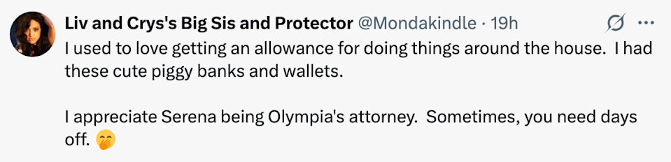 Tweet about nostalgic childhood memories of getting an allowance and valuing downtime, with a mention of Serena and Olympia