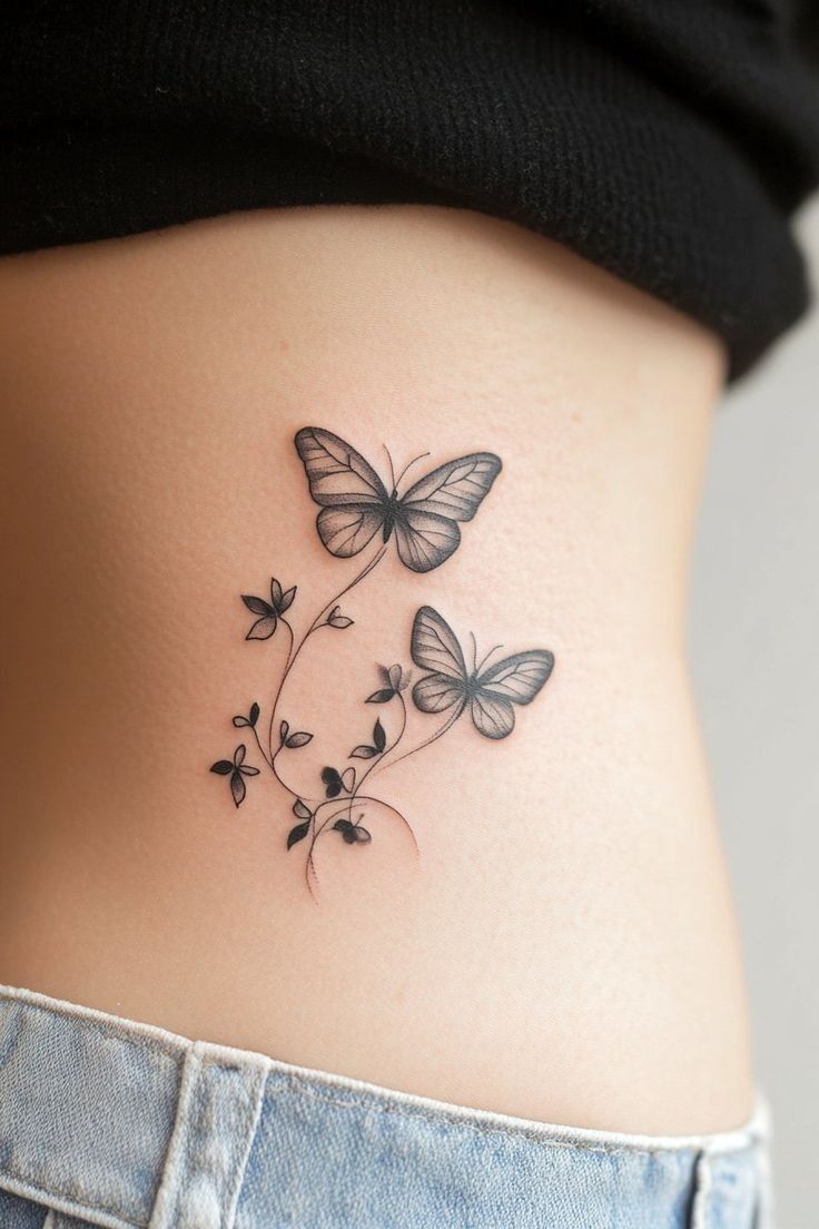 This may contain: a woman's stomach with two butterflies on it and flowers growing out of the side