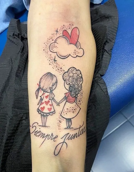 Family tattoo with mother and daughter in unique artistic style, showing sophistication and personality.
