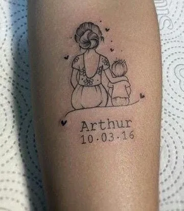 Mother and child tattoo sitting together, showing attachment and companionship.