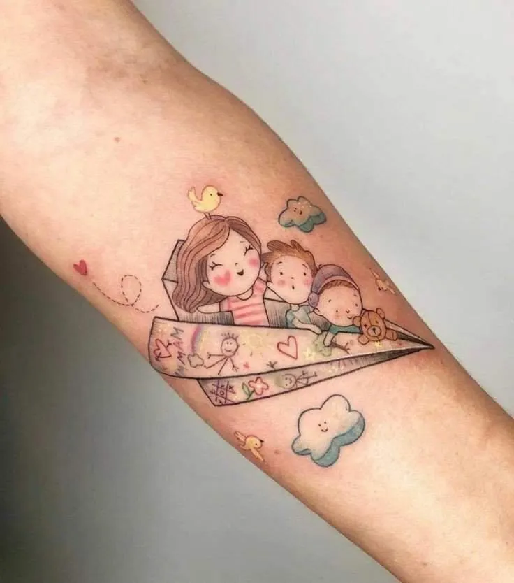 Cartoon style family tattoos with adorable characters, giving a sense of fun and warmth.