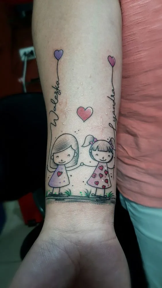 The tattoo of two sisters is delicately depicted, expressing their close bond.