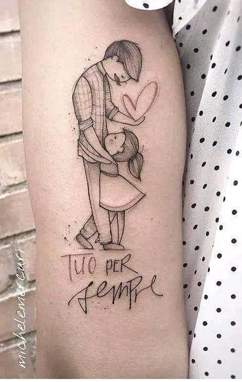 Father and daughter tattoo on bicep, showing special love and attachment.