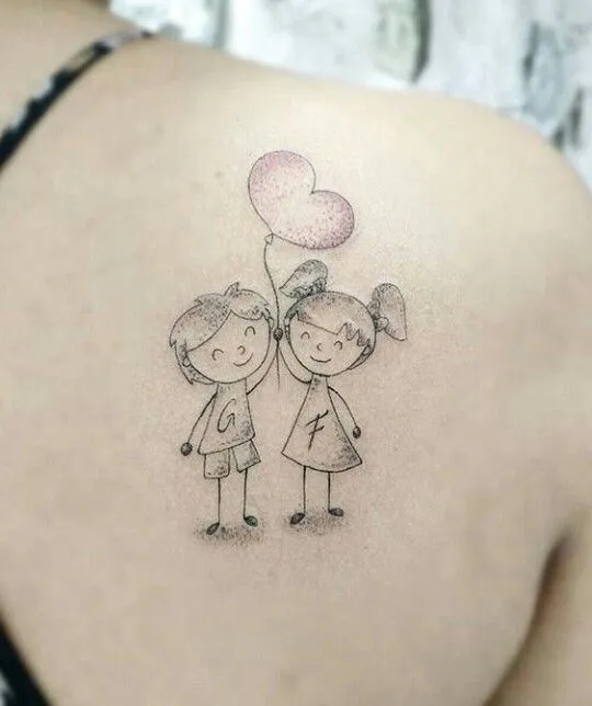 Family tattoo with two cute sisters, showing affection and love.