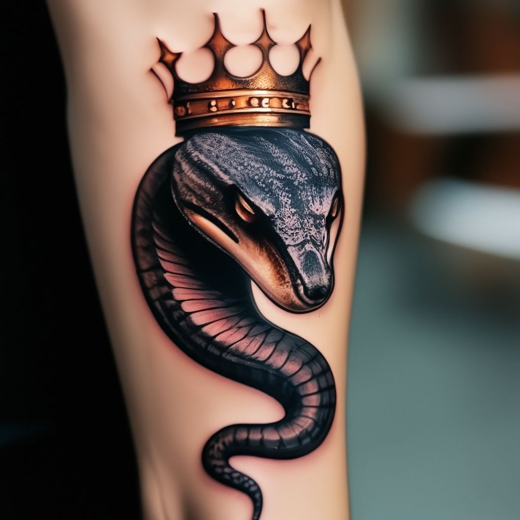 colored tattoo of a snake in a crown on a man's arm, aesthetically pleasing, beautiful, realistic, professional photo, bright lighting