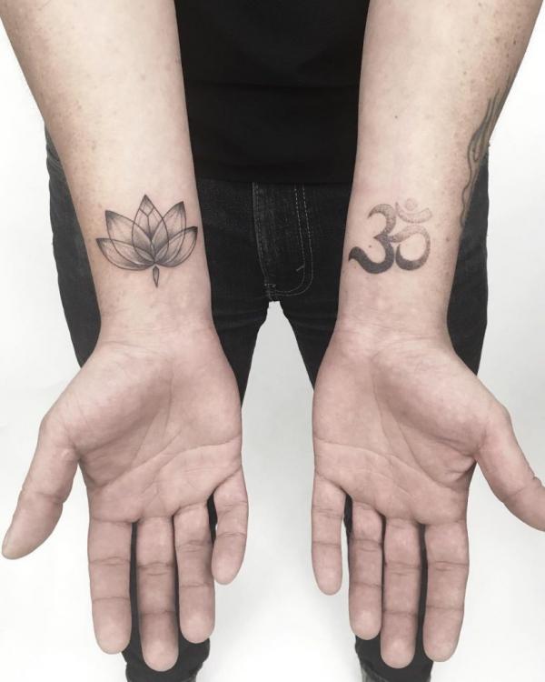 Om and lotus tattoo black and grey