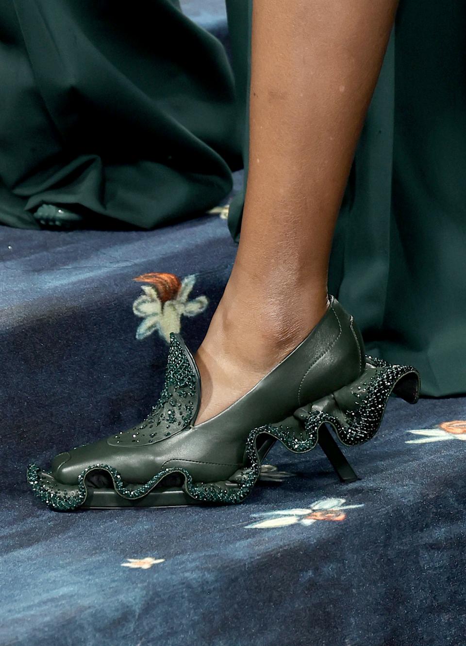 NEW YORK, NEW YORK - MAY 05: Venus Williams, shoe detail, attends the 2025 Met Gala Celebrating "Superfine: Tailoring Black Style" at Metropolitan Museum of Art on May 05, 2025 in New York City. (Photo by Savion Washington/Getty Images)